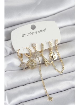 Mey Ithalat® 316L Çelik Gold Renk 6'lı Set Charmlı Kadın Küpe