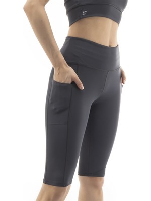 The Step Sports Kadın Gri Yüksek Bel Toparlayıcı Cepli Yoga Tayt 10" Sıkılaştırıcı Özellikli