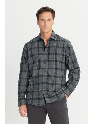 Altınyıldız Classics Erkek Antrasit Pamuklu Flanel Comfort Fit Rahat Kesim Klasik Yaka Ekose Desenli Gömlek
