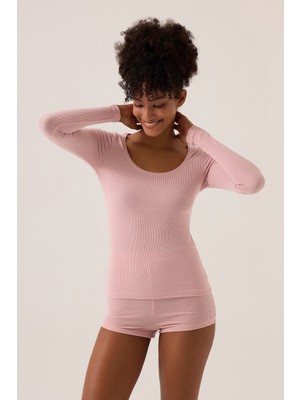 Los Ojos x Ece Pembe Modal Kumaşlı Uzun Kollu Şortlu Pijama Takımı Ribbed Pj