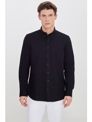 Altınyıldız Classics Erkek Siyah Pamuklu Slim Fit Dar Kesim Düğmeli Yaka Diagonal Desenli Flanel Gömlek