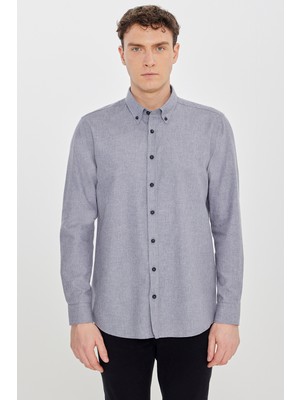 Altınyıldız Classics Erkek Gri Pamuklu Slim Fit Dar Kesim Düğmeli Yaka Diagonal Desenli Flanel Gömlek