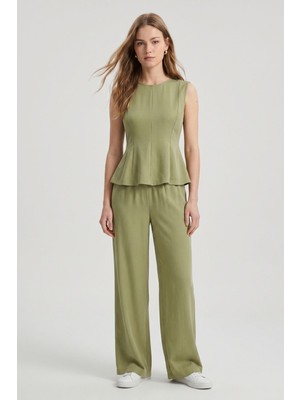 Rays Haki Sıfır Kol Peplum Bluz Bol Paça Pantolon Takım 18007