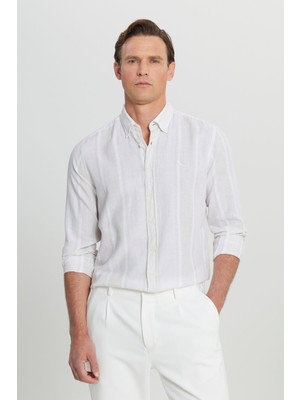 Altınyıldız Classics Erkek Bej-Ekru Pamuklu Keten Slim Fit Dar Kesim Düğmeli Yaka Çizgili Gömlek