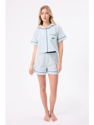 Marısılk™ Seastrıpe Kadın Yazlık Şortlu Crop Gömlekli Pijama & Lounge Takımı