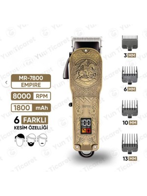 Jasper JPR-7800 Empire Şarj Göstergeli 6 Kademeli 8000 Rpm 1800 Mah Saç Sakal Tıraş Makinesi Erkek Bakım