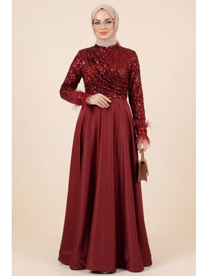 Moda Morfo Üstü Pul Payet Kolları Tüylü Eteği Saten Abiye -Bordo