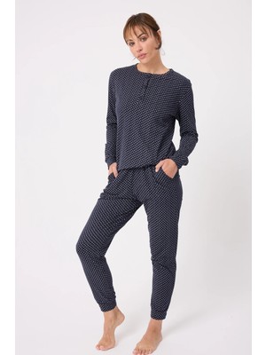 Ocean Rıpple™ Premium Örme Pamuk Uzun Kollu Henley & Uzun Pantolonlu Kadın Pijama Takımı
