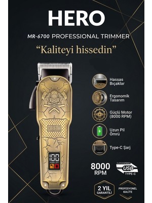 Jasper JPR-6700 Hero Şarj Göstergeli 6 Kademeli 8000 Rpm 1800 Mah Saç Sakal Tıraş Makinesi Erkek Bakım