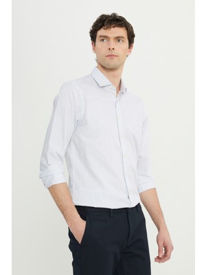Altınyıldız Classics Erkek Beyaz-Siyah %100 Pamuk Slim Fit Dar Kesim Küçük İtalyan Yaka Çizgili Gömlek