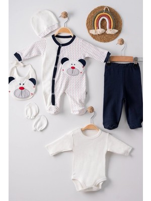 Uravas Store Puanlı Ayıcık Nakışlı Tulumlu % 100 Pamuk Erkek Bebek 5'li Set