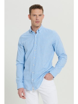 Altınyıldız Classics Erkek Slim Fit Açık Mavi Armürlü Düğmeli Yaka Gömlek Klasik Stil Dar Kesim