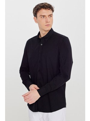 Altınyıldız Classics Erkek Siyah Pamuklu Slim Fit Dar Kesim Düğmeli Yaka Gömlek