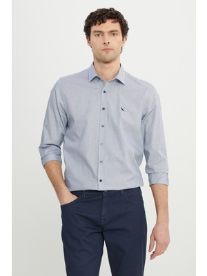Altınyıldız Classics Erkek Lacivert %100 Pamuk Flanel Slim Fit Dar Kesim Klasik Yaka Armürlü Gömlek