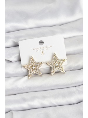 Uravas Store Mey Ithalat® Gold Renk Pirinç Zirkon Taşlı Yıldız Model Kadın Küpe