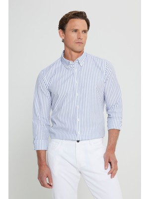 Altınyıldız Classics %100 Pamuk Slim Fit Dar Kesim Düğmeli Yaka Armürlü Gömlek