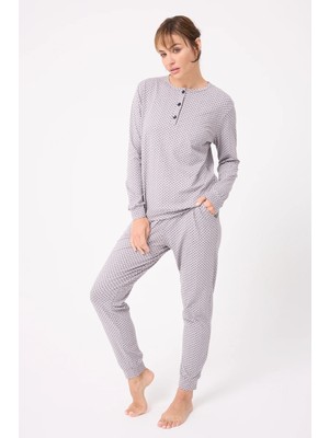 Ocean Rıpple™ Premium Örme Pamuk Uzun Kollu Henley & Uzun Pantolonlu Kadın Pijama Takımı