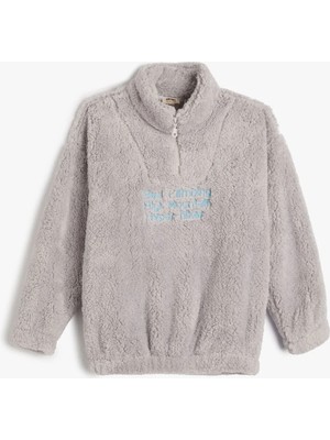 Koton Peluş Sweatshirt Yarım Fermuar Detaylı Dik Yaka İşlemeli Beli ve Manşetleri Lastikli