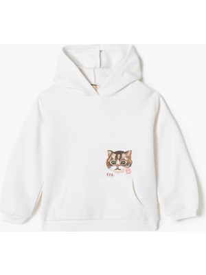 Koton Koton Kapşonlu Sweatshirt Kedi Baskılı Uzun Kollu Şardonlu