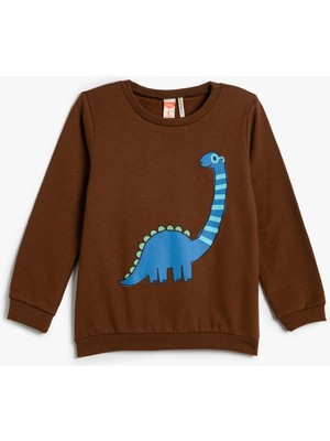 Koton Dinozor Baskılı Sweatshirt Şardonlu Bisiklet Yaka Pamuklu