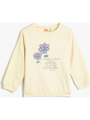 Koton Sweatshirt Çiçek Baskılı Şardonlu Pamuklu Bisiklet Yaka