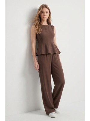 Rays Acı Kahve Sıfır Kol Peplum Bluz Bol Paça Pantolon Takım 18007