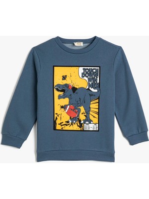 Koton Dinozorlu Sweatshirt Şardonlu Bisiklet Yaka Uzun Kollu Pamuklu