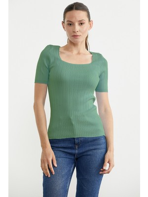 Sementa Kare Yaka Fitilli Triko Tişört - Mint
