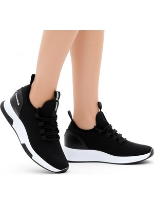Tonny Black Unisex Siyah Beyaz Nefes Alabilen Kumaş Poli Taban Bağcıklı Spor Ayakkabı