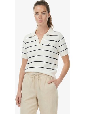 Nautica Kadın Beyaz Regular Fit Çizgili Triko Polo Yaka T-Shirt 65K510T.1BW