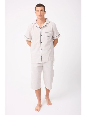 Marısılk™ Seastrıpe Erkek Dokuma Yazlık Kısa Kollu Capri Pantolonlu Pijama & Lounge Takımı