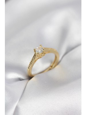 Zenvia Mey Ithalat® Tek Taş Gold Renk Zirkon Taşlı Model Kadın Yüzük