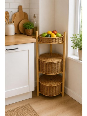 İliva 3 Katlı Bambu Rattan Organizer Sepet Mutfak Banyo Salon Düzenleyici Raf Sebzelik Patates Soğanlık
