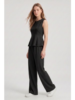 Rays Siyah Sıfır Kol Peplum Bluz Bol Paça Pantolon Takım 18007