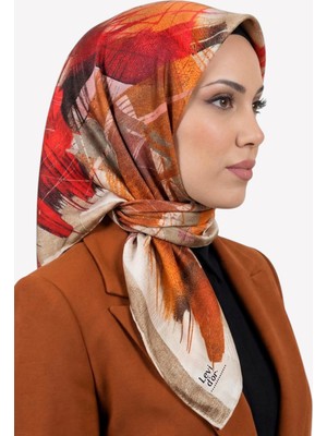 Hadiora Kadın Turuncu  Kırmızı Soyut Desenli Kristal Eşarp