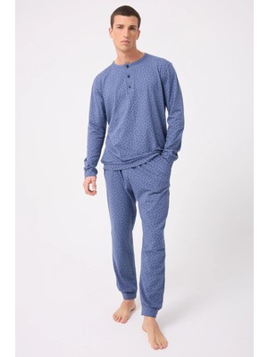 Oceanripple™ Premium Örme Pamuk Uzun Kollu Henley & Uzun Pantolonlu Erkek Pijama Takımı