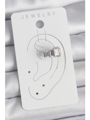 Zenvia Mey Ithalat® Pirinç Gümüş Renk Kare Zirkon Taşlı Kadın Kıkırdak Model Küpe
