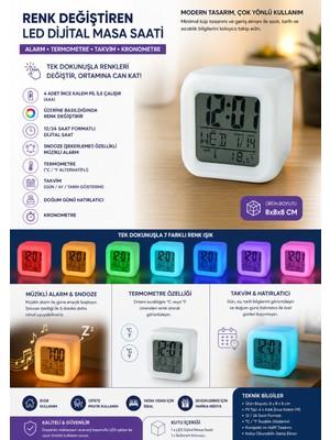 Tekno Hediye Renk Değiştiren LED Dijital Masa Saati – Alarm, Termometre ve Takvim Özellikli Akıllı Saat