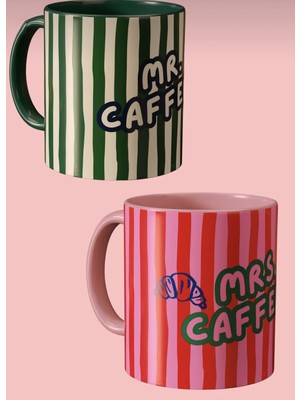Çok Renkli Mrs. And Mr. Caffeine Temalı Porselen Tasarım Çiftler Için 2li Sevgili Kahve Kupası