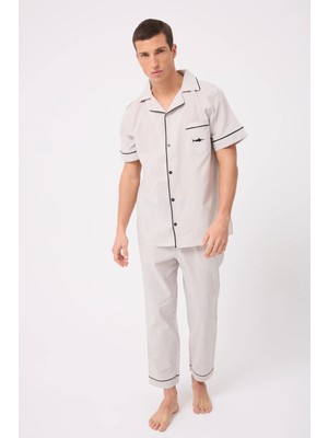Marısılk™ Seastrıpe Erkek Dokuma Yazlık Kısa Kollu Pantolonlu Pijama & Lounge Takımı