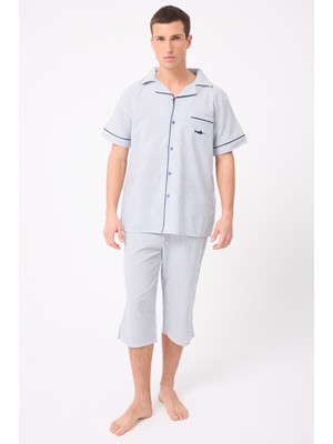 Marısılk™ Seastrıpe Erkek Dokuma Yazlık Kısa Kollu Capri Pantolonlu Pijama & Lounge Takımı