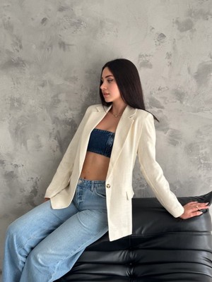 Boom Bester Kadın Flam Keten Astarlı Blazer Yazlık Ceket Çizgili Astar Detay Rahat Kalıp Ince Ceket