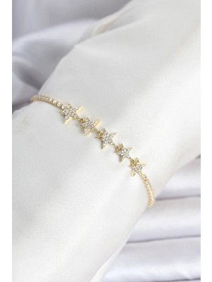Zenvia Mey Ithalat® Pirinç Gold Renk Sıralı Yıldız Model Su Yolu Kadın Bileklik