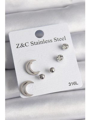 Zenvia Mey Ithalat® 316L Çelik Gümüş Renk Zirkon Taşlı Hilal Model Kadın Küpe Seti