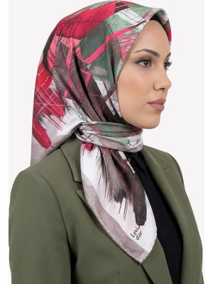 Hadiora Kadın Kahverengi Fuşya Kırmızı Soyut Desenli Kristal Eşarp