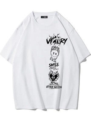Brz Collection Unisex Oversize Smile, Attain Success T-Shirt (Beyaz)