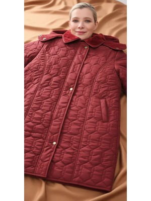 Vetre Kadın 95 Cm Bordo Kapitone Mont Uzun Kol Kapüşonlu Düz Desenli Kışlık-1016