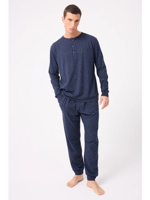 Oceanripple™ Premium Örme Pamuk Uzun Kollu Henley & Uzun Pantolonlu Erkek Pijama Takımı