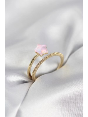 Zenvia Mey Ithalat® Gold Renk Zirkon Taşlı Pembe Halley Model Kadın Yüzük
