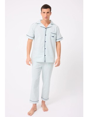 Marısılk™ Seastrıpe Erkek Dokuma Yazlık Kısa Kollu Pantolonlu Pijama & Lounge Takımı Takımı